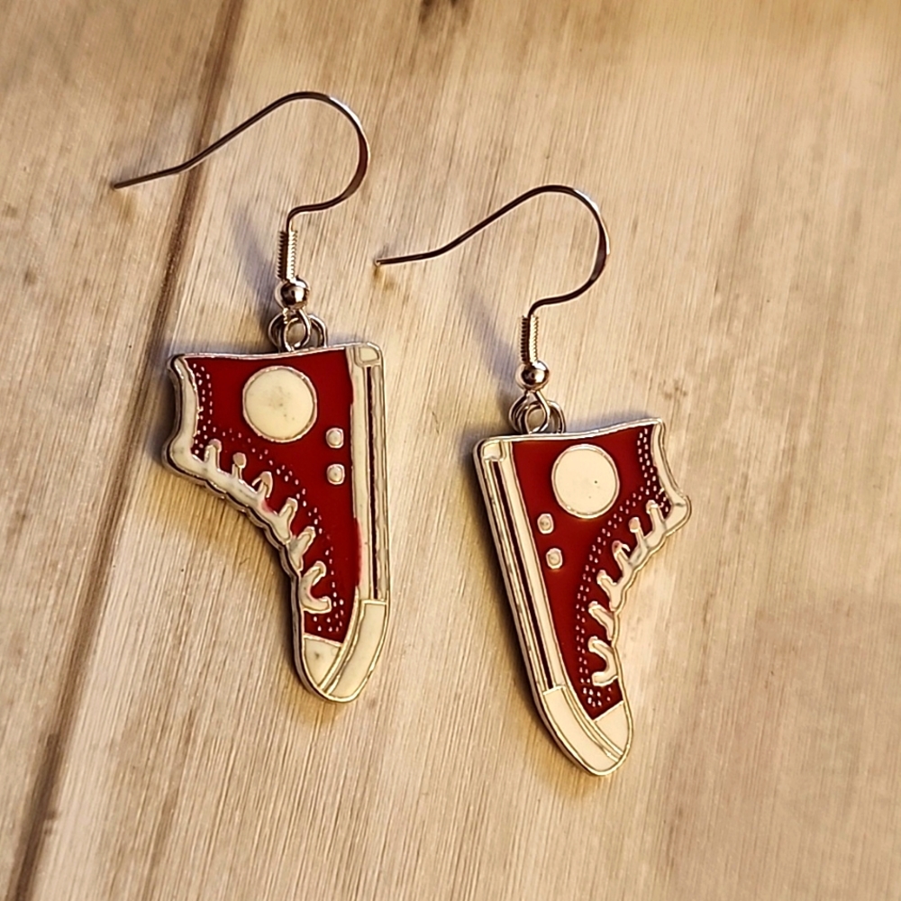 Red Converse Style Silver Tone Earrings 925S Sterling Post